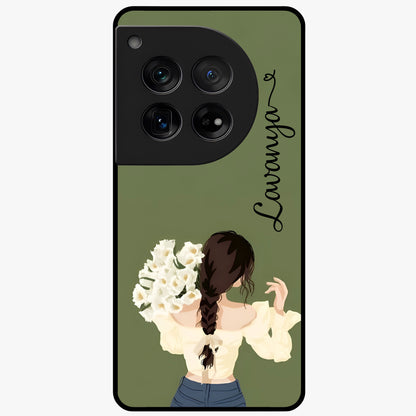 Braided Spring Beauty With Custom Name Glass Case for 1+12 elegant front view featuring braided floral artwork with personalized name design