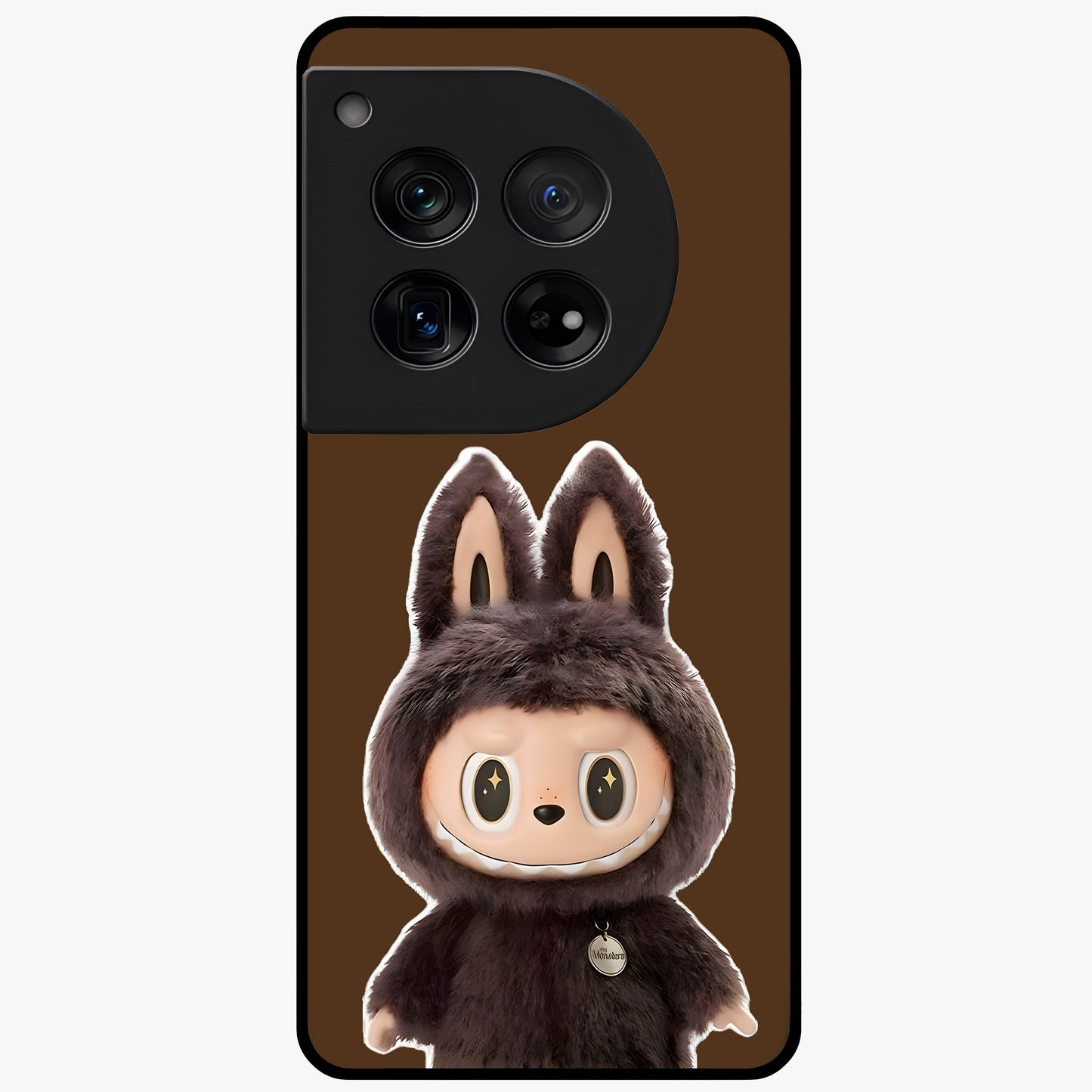 Brown Labubu Design Glass Case for 1+12 cute front view featuring playful Labubu character artwork in warm brown tones