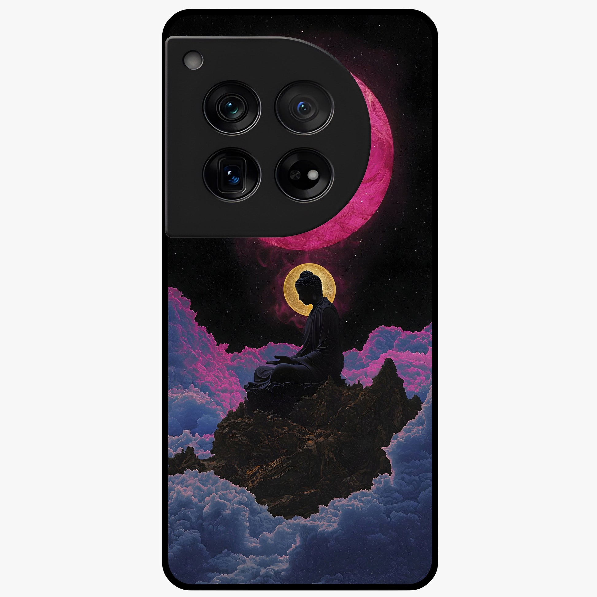 Buddha and Planets Glass Case for 1+12 serene front view featuring Buddha artwork with cosmic planetary background