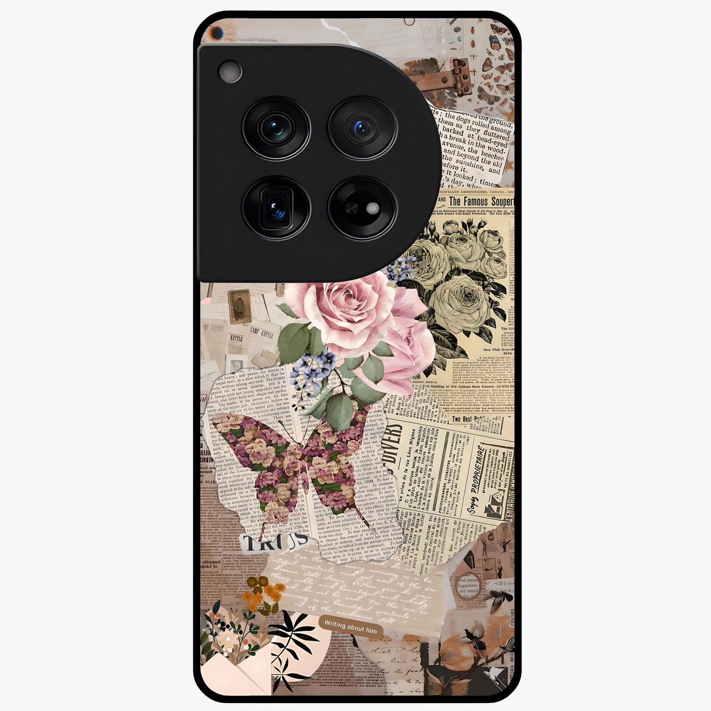 Butterfly News Bloom Glass Case for 1+12 artistic front view featuring blooming floral and butterfly themed artwork