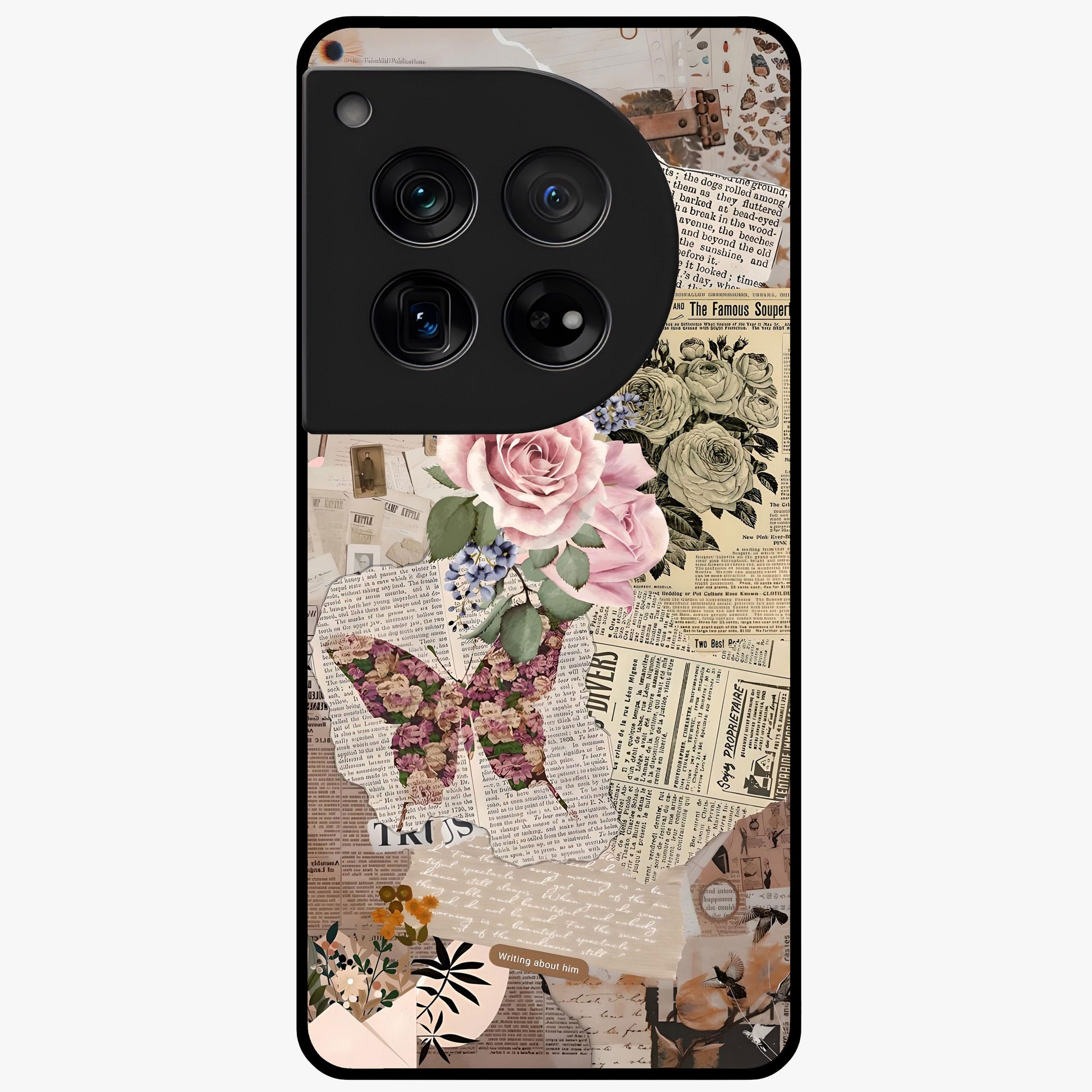 Butterfly News Bloom Glass Case for 1+12 artistic front view featuring blooming floral and butterfly themed artwork