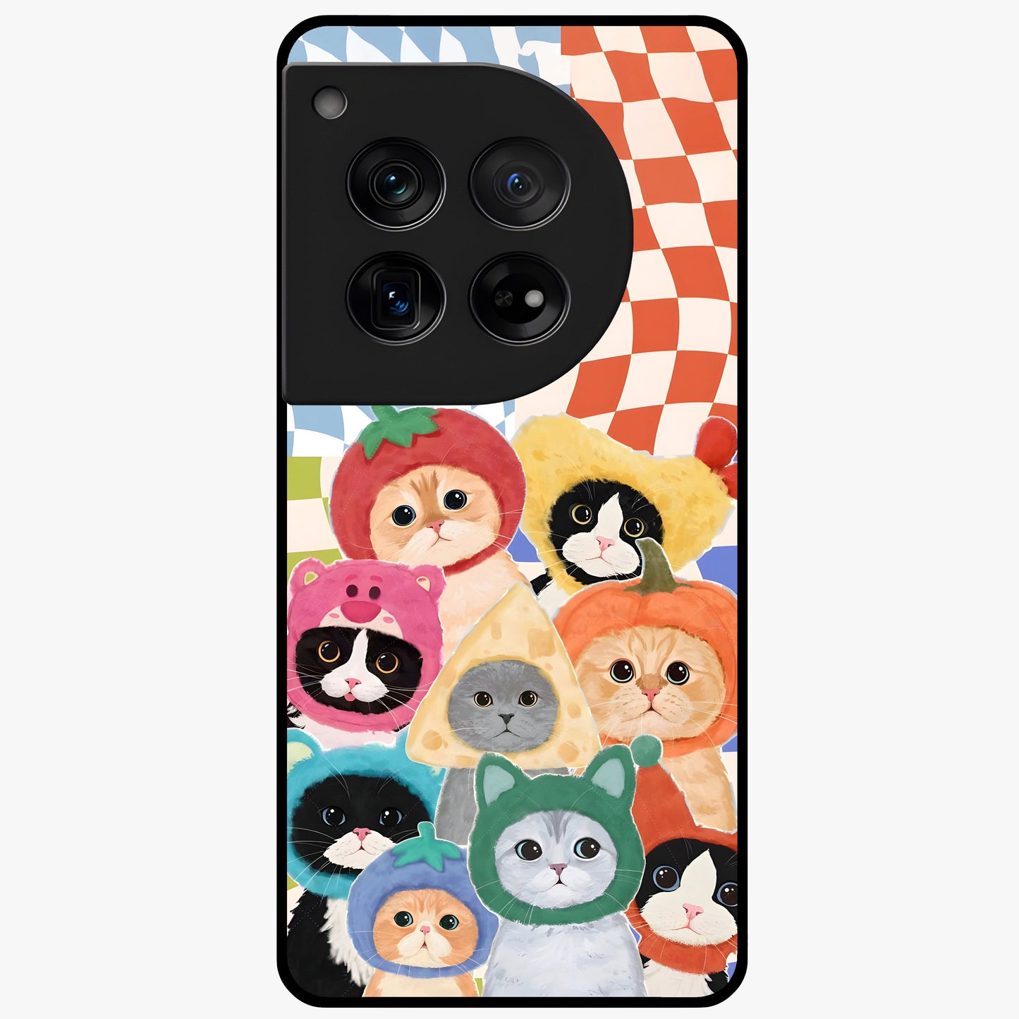 Cats in Fruits Glass Case for 1+12 playful front view featuring cute cat illustrations with vibrant fruit artwork