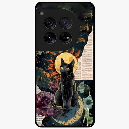 Celestial Black Cat Glass Case for 1+12 mystical front view featuring black cat artwork with cosmic background