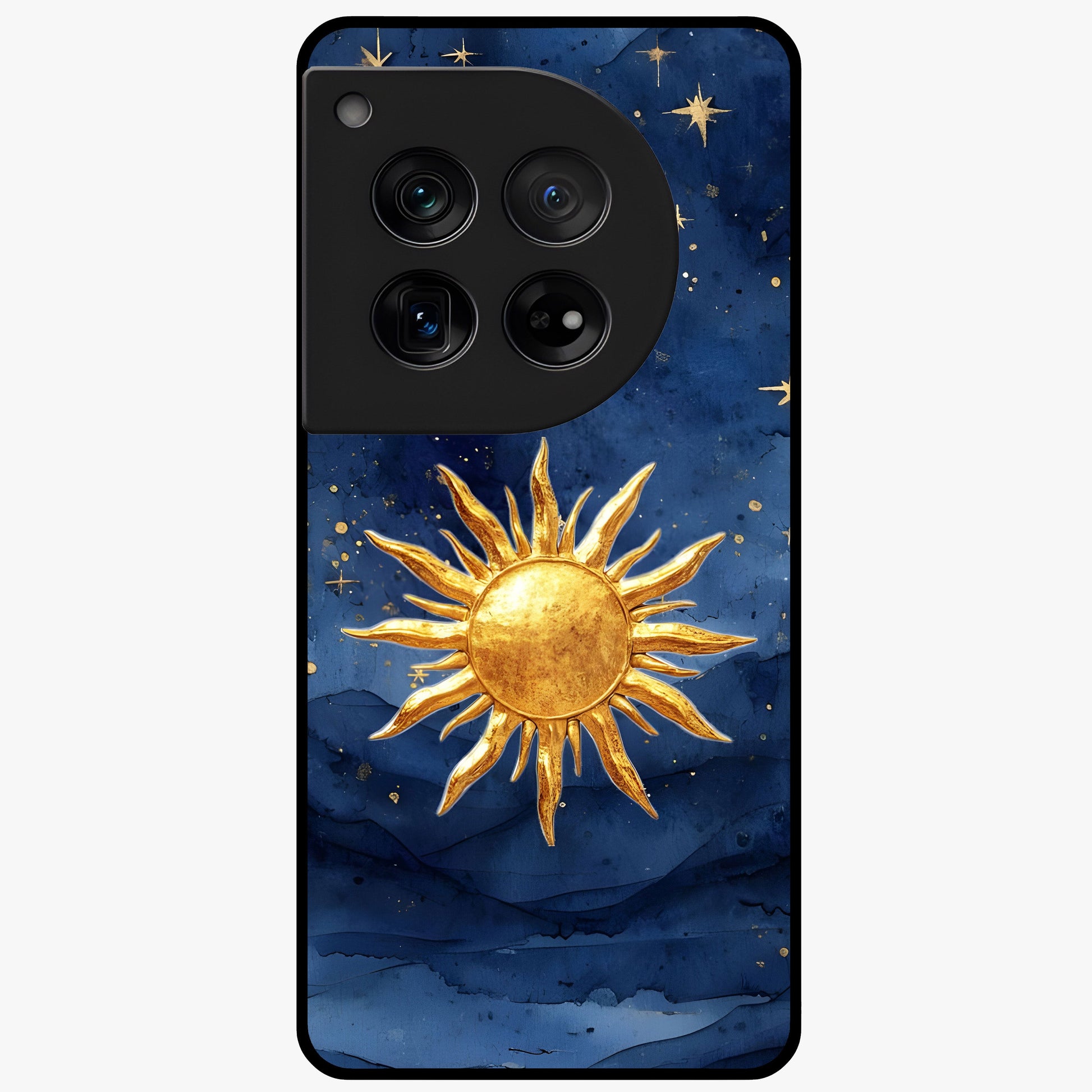 Celestial Blue Glow Glass Case for 1+12 radiant front view featuring glowing blue cosmic artwork
