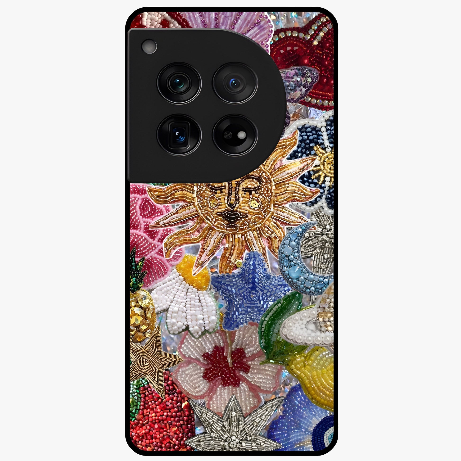 Celestial Floral and Playful Glass Case for 1+12 vibrant front view featuring floral artwork blended with cosmic elements