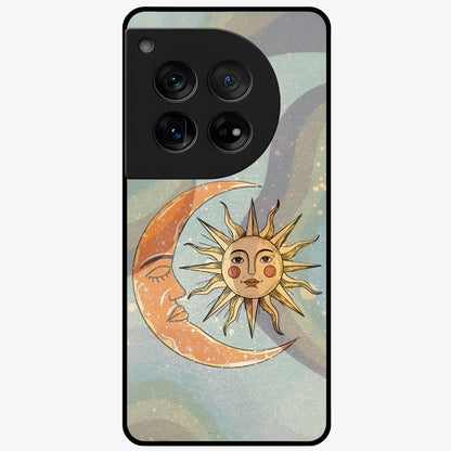 Celestial Harmony Vibes Glass Case for 1+12 serene front view featuring balanced cosmic artwork with calming tones