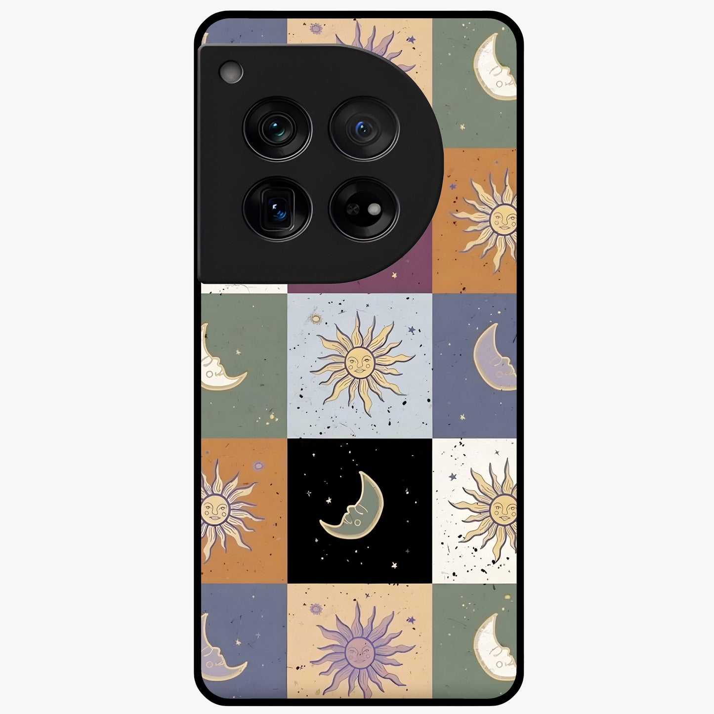 Celestial Patchwork Dreams Glass Case for 1+12 dreamy front view featuring patchwork style cosmic artwork