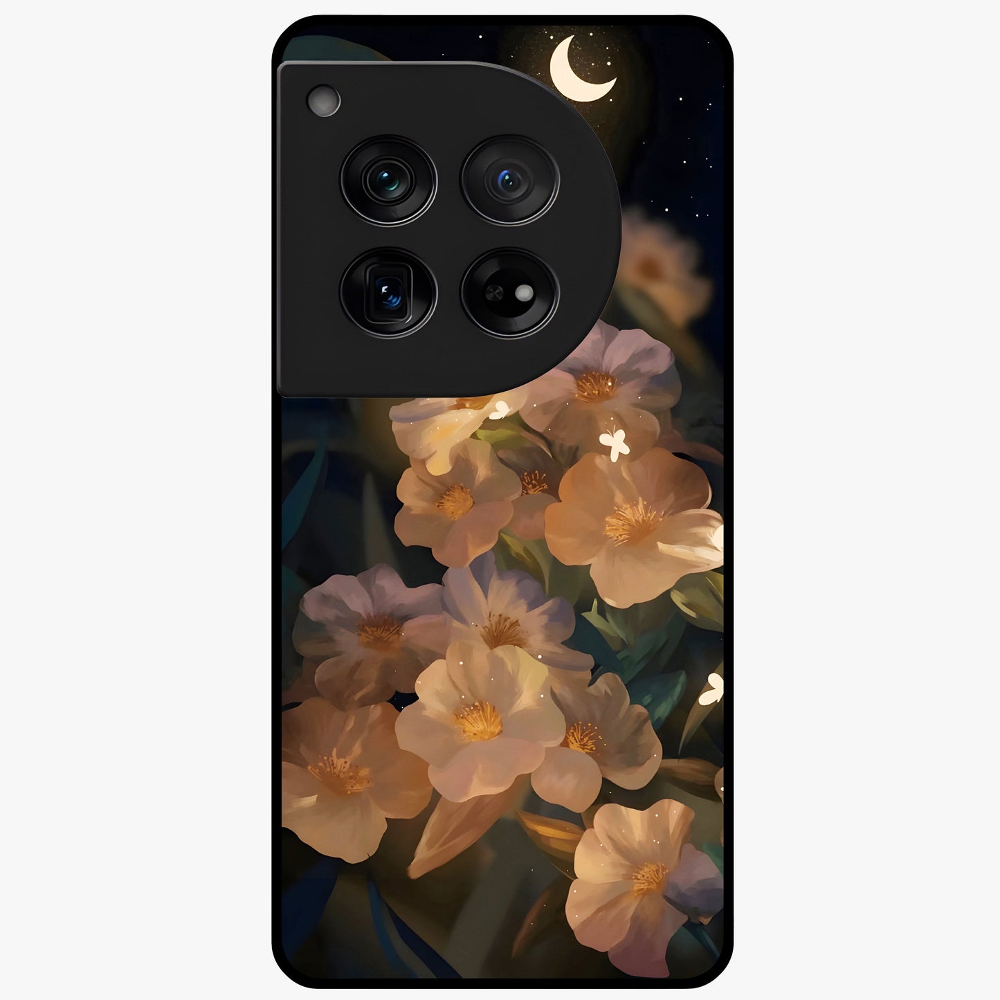 Celestial Petal Night Glass Case for 1+12 elegant front view featuring floral petals against dark night sky tones