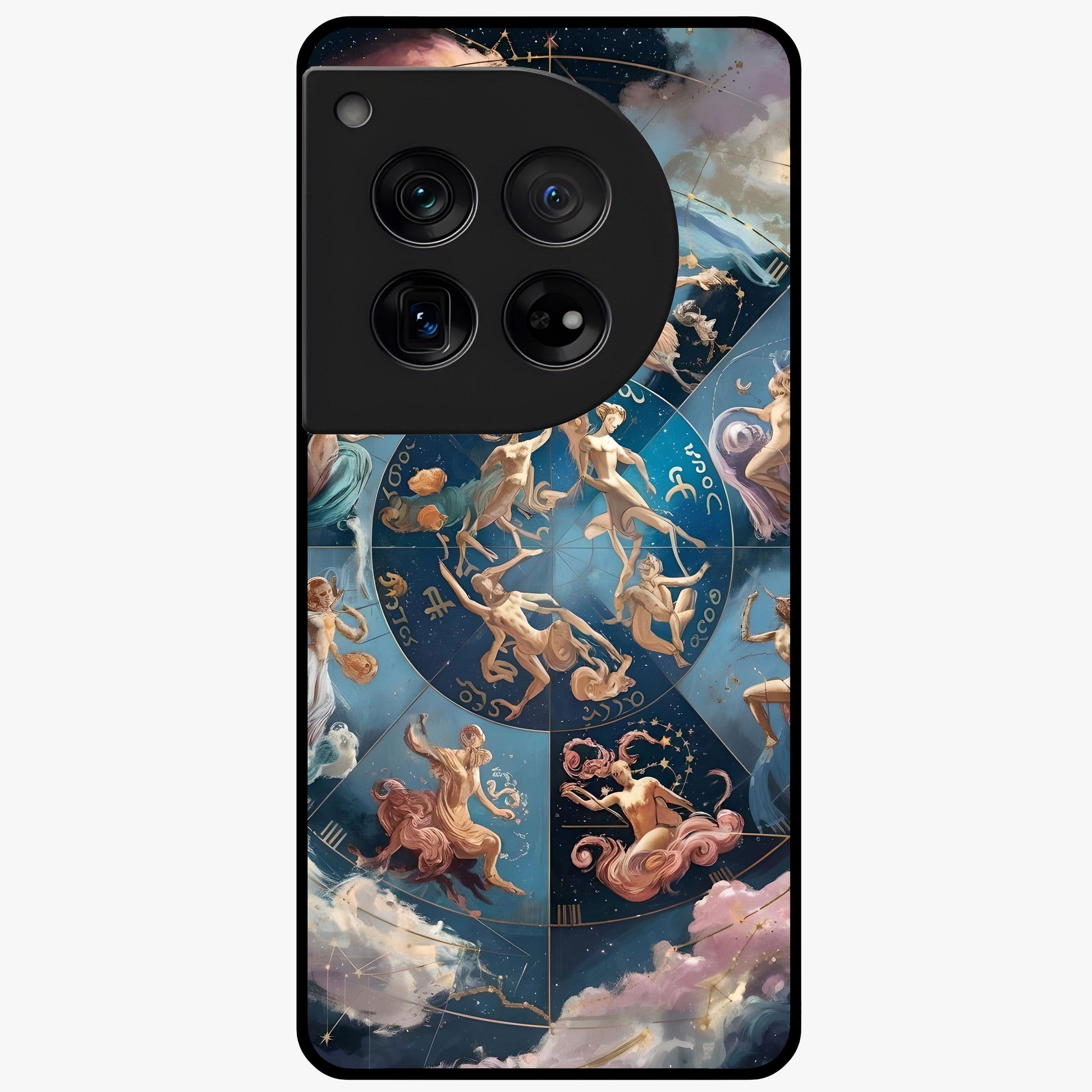 Celestial Signs Dance Glass Case for 1+12 artistic front view featuring zodiac inspired celestial symbol artwork