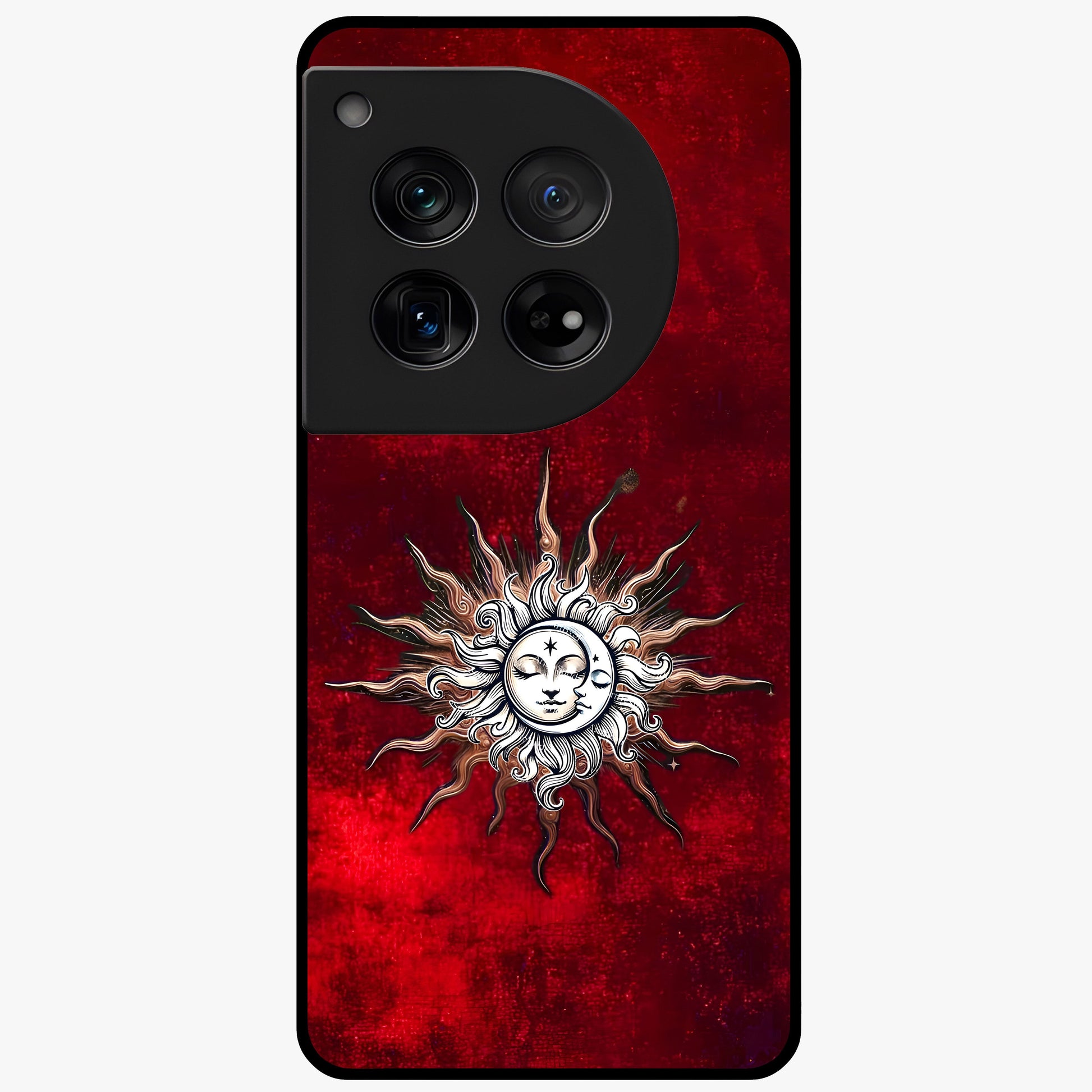 Cosmic Twin Eclipse Glass Case for 1+12 dramatic front view featuring dual eclipse artwork with deep space tones