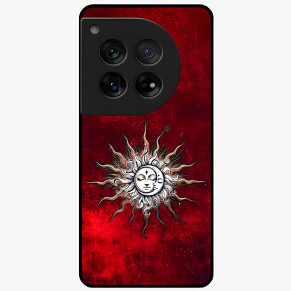 Cosmic Twin Eclipse Glass Case for 1+12 dramatic front view featuring dual eclipse artwork with deep space tones