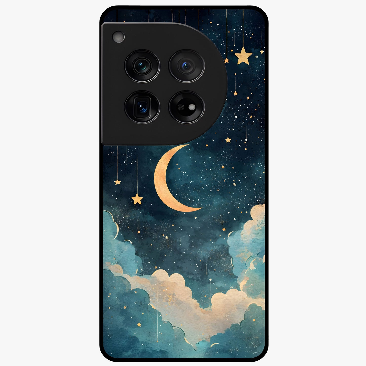 Crescent Galaxy Moon Glass Case for 1+12 mystical front view featuring crescent moon artwork with cosmic background