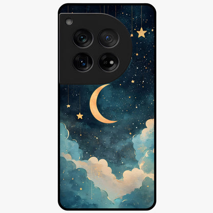 Crescent Galaxy Moon Glass Case for 1+12 mystical front view featuring crescent moon artwork with cosmic background