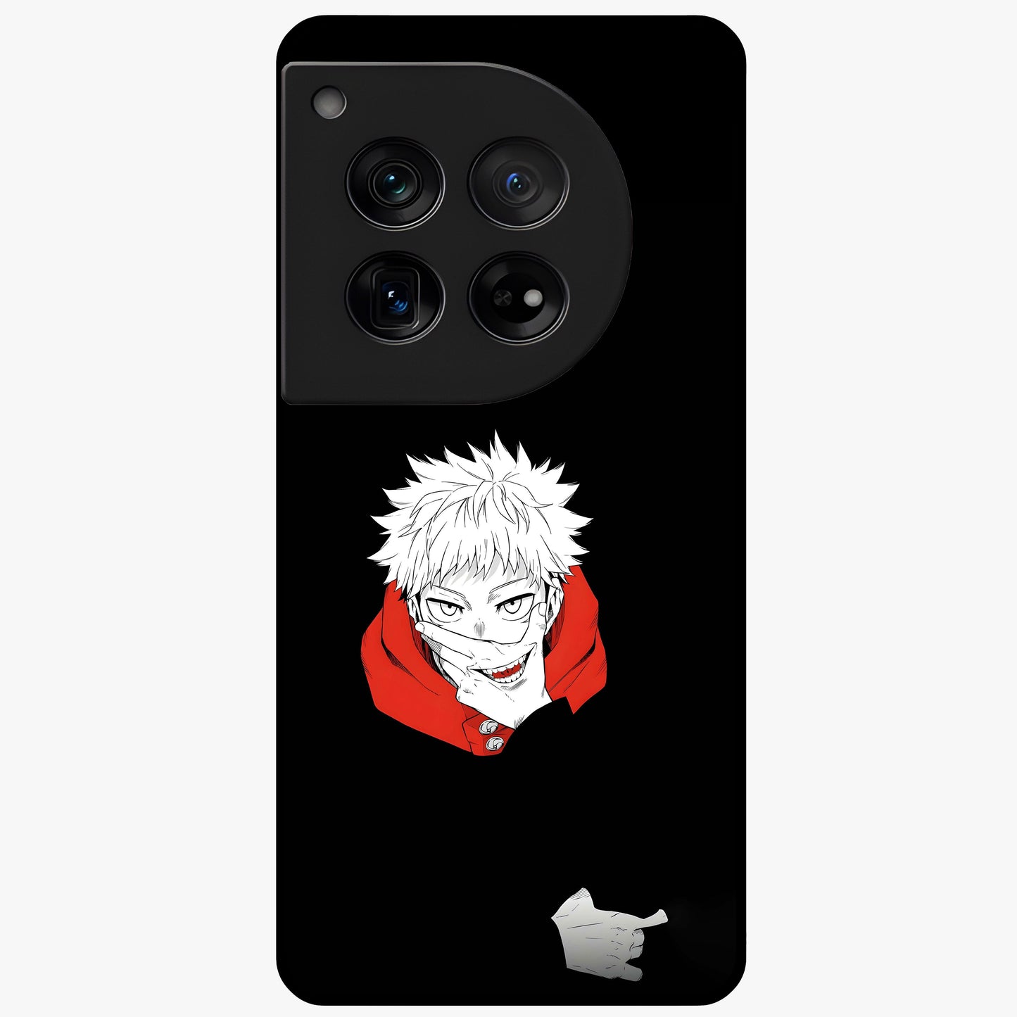 Crimson Chaos Smile Glass Case for 1+12 bold front view featuring edgy smile artwork in deep crimson tones