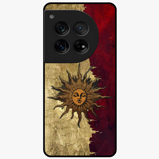Crimson Sun Majesty Glass Case for 1+12 radiant front view featuring glowing sun artwork in deep red hues
