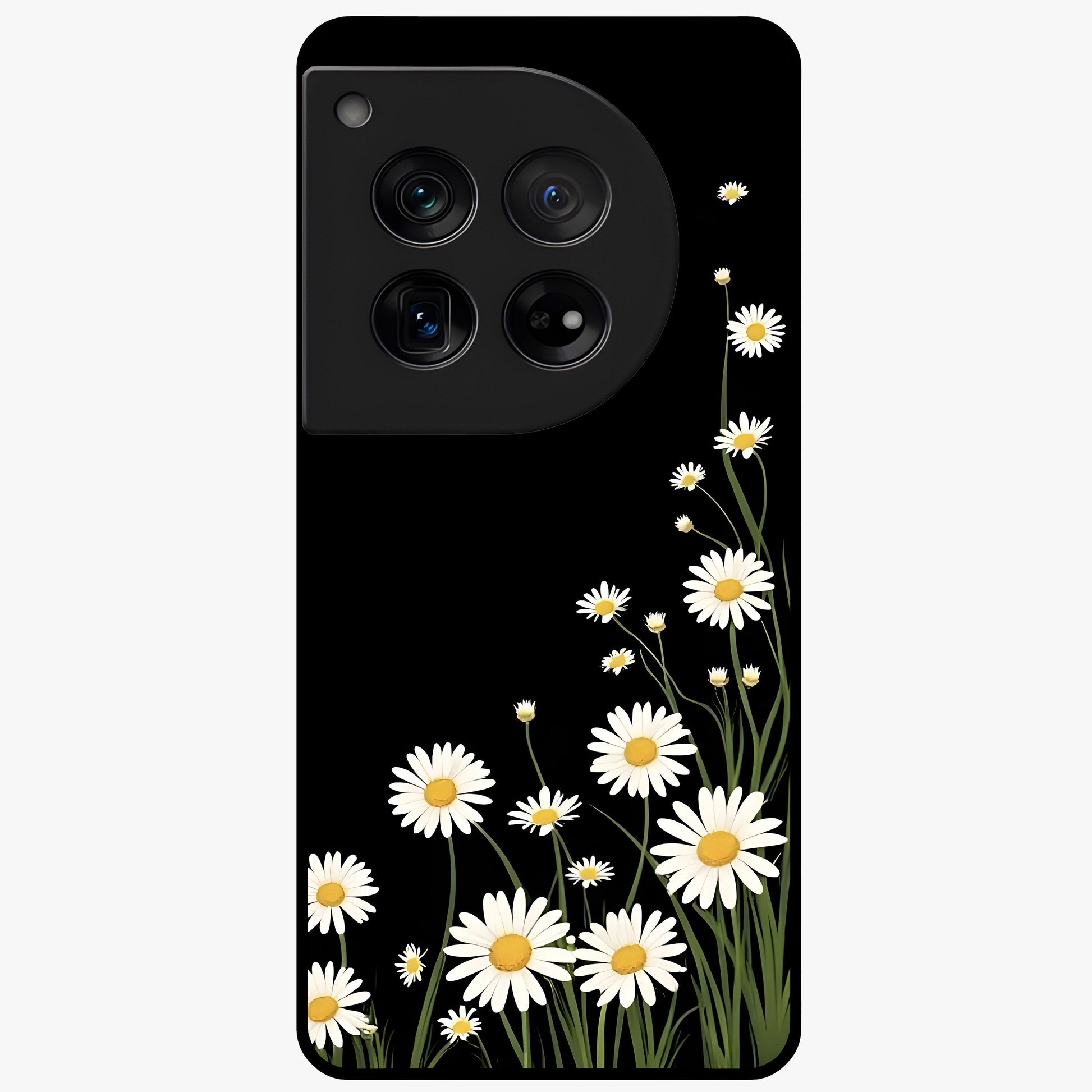 Daisy Cascade on Black Glass Case for 1+12 elegant front view featuring white daisy artwork on deep black background