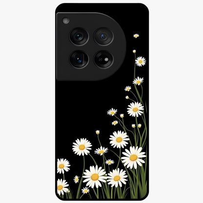 Daisy Cascade on Black Glass Case for 1+12 elegant front view featuring white daisy artwork on deep black background