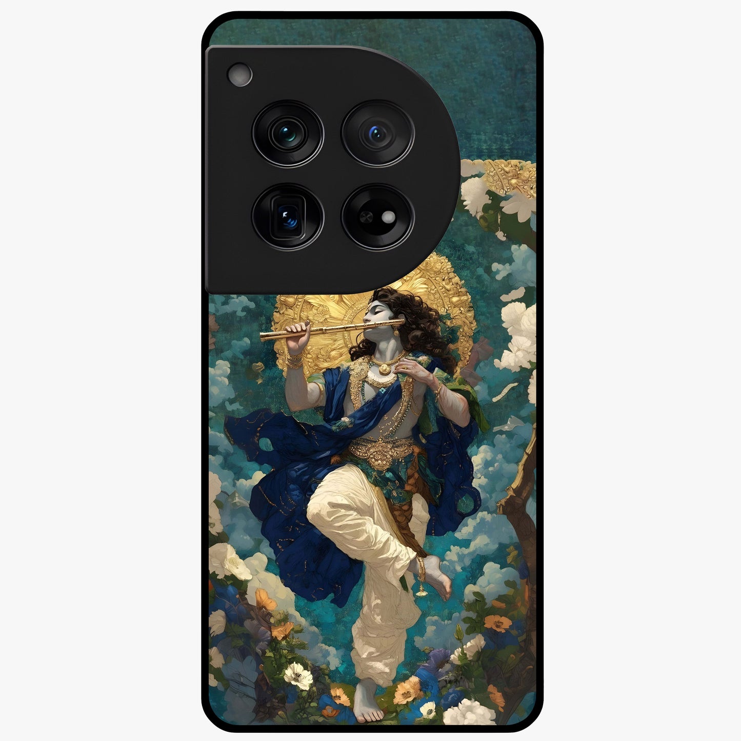 Divine Krishna Art Glass Case for 1+12 devotional front view featuring detailed Krishna artwork