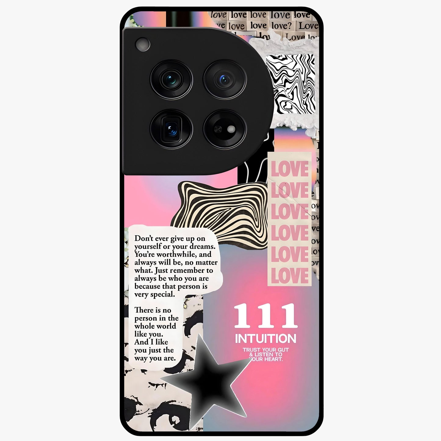 Divine Love Vibes Glass Case for 1+12 soft front view featuring romantic artistic typography design