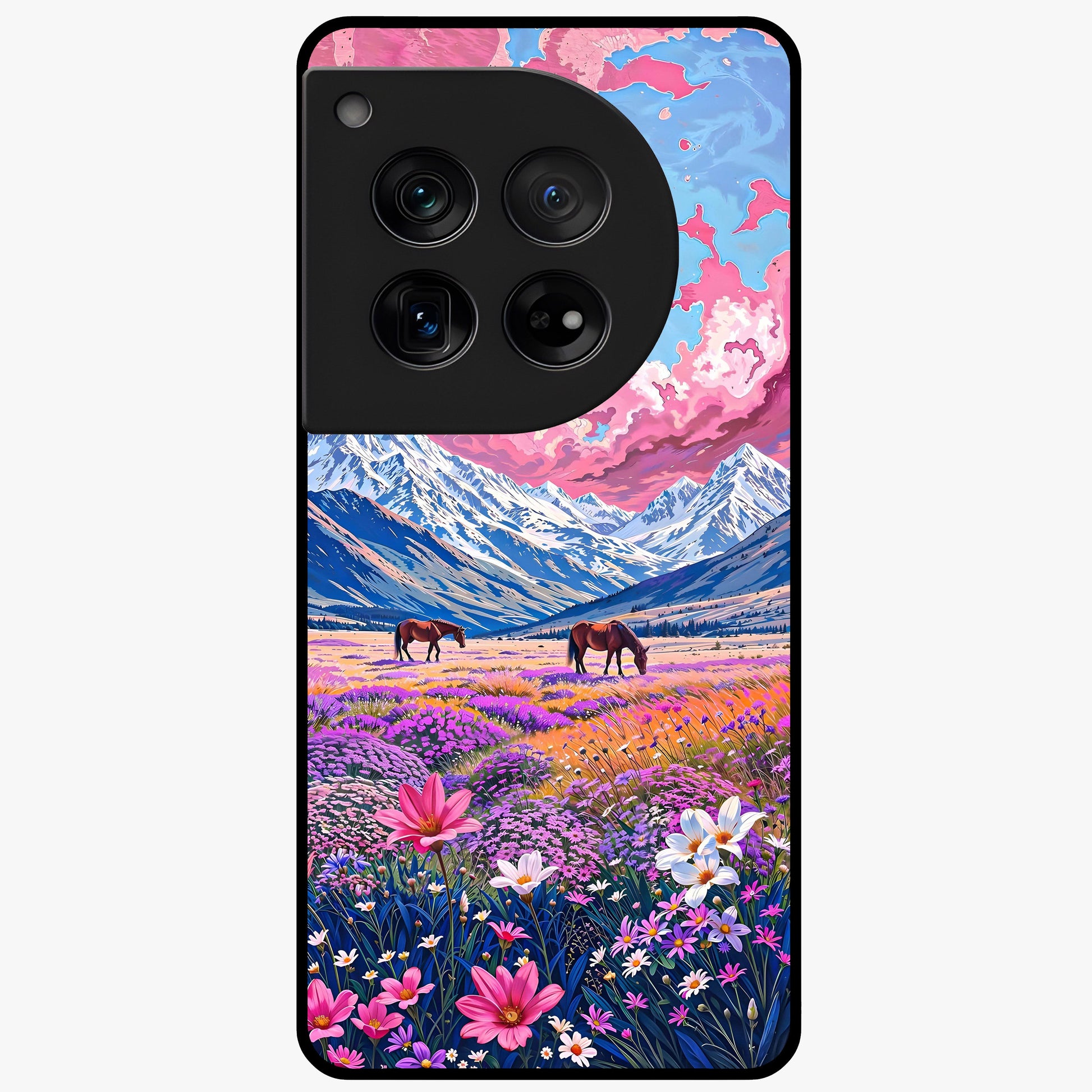 Dreamy Floral Pastures Glass Case for 1+12 soft front view featuring pastel floral meadow artwork