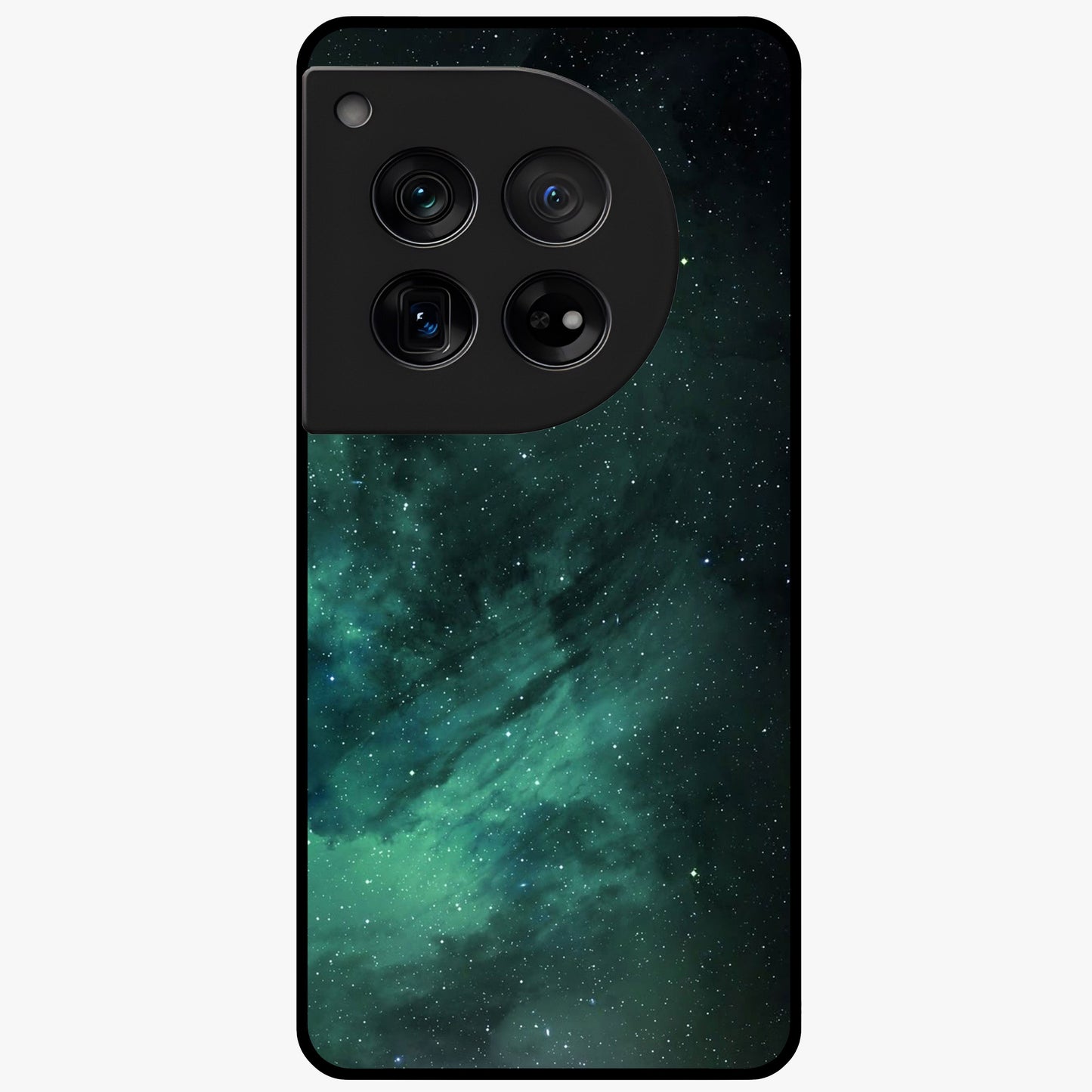 Emerald Green Space Glass Case for 1+12 vibrant front view featuring deep green cosmic inspired artwork