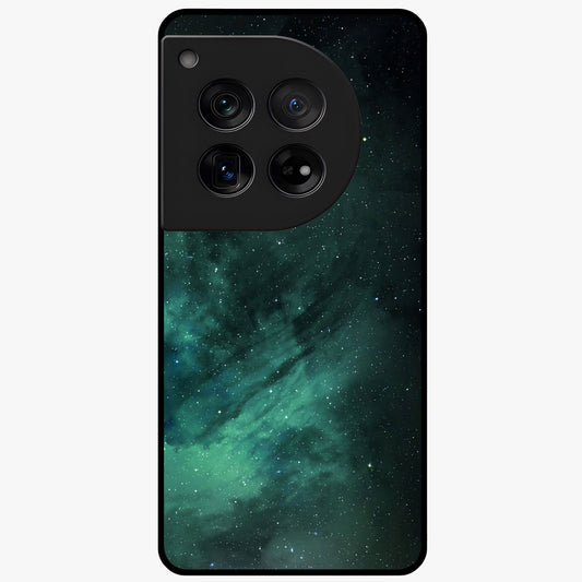 Emerald Green Space Glass Case for 1+12 vibrant front view featuring deep green cosmic inspired artwork