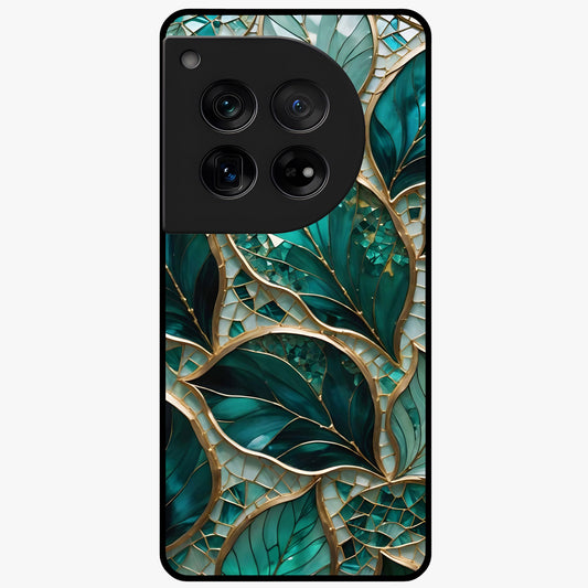 Emerald Leaf Glass Case for 1+12 minimalist front view featuring elegant green leaf artwork