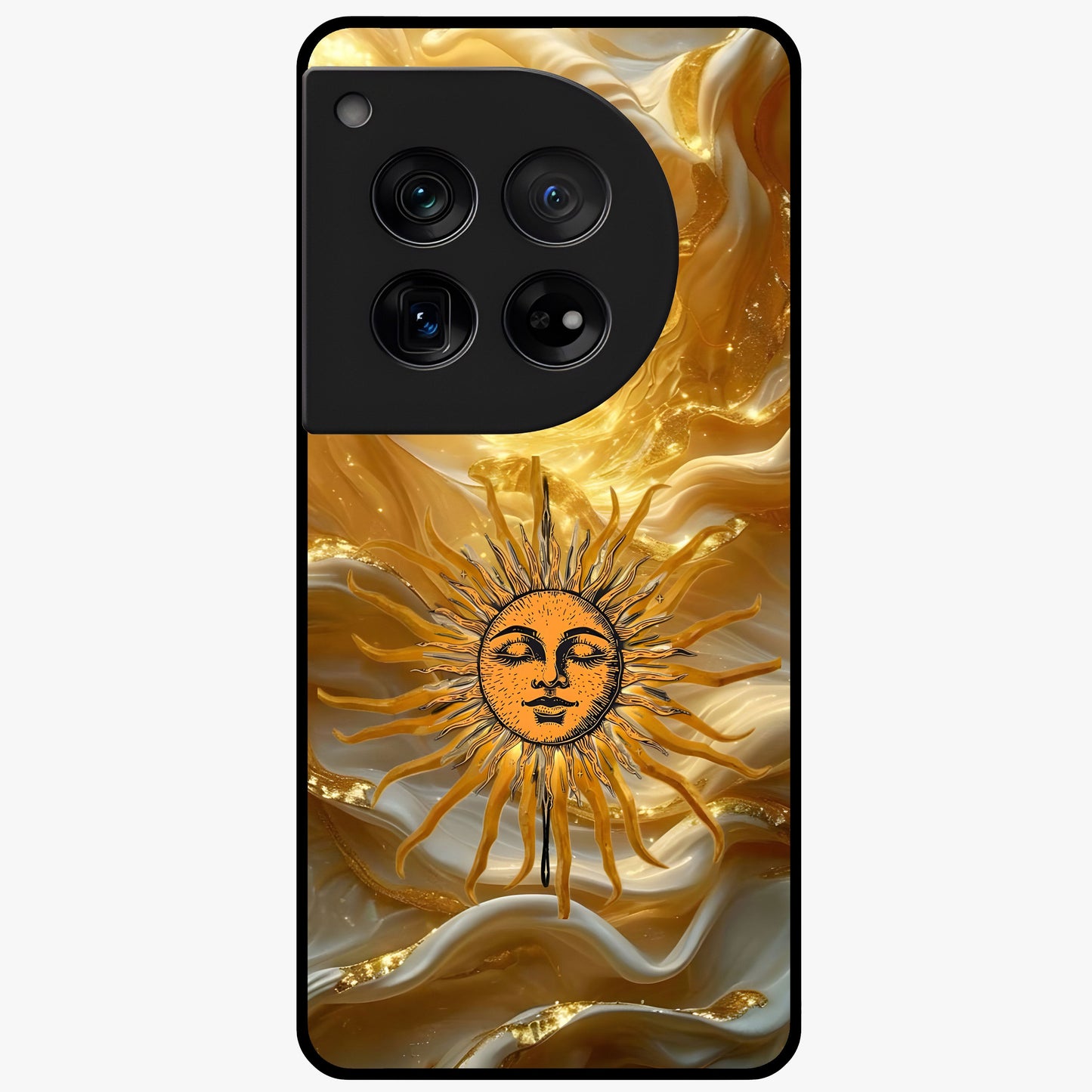 Eternal Golden Glow Glass Case for 1+12 radiant front view featuring warm golden artistic artwork