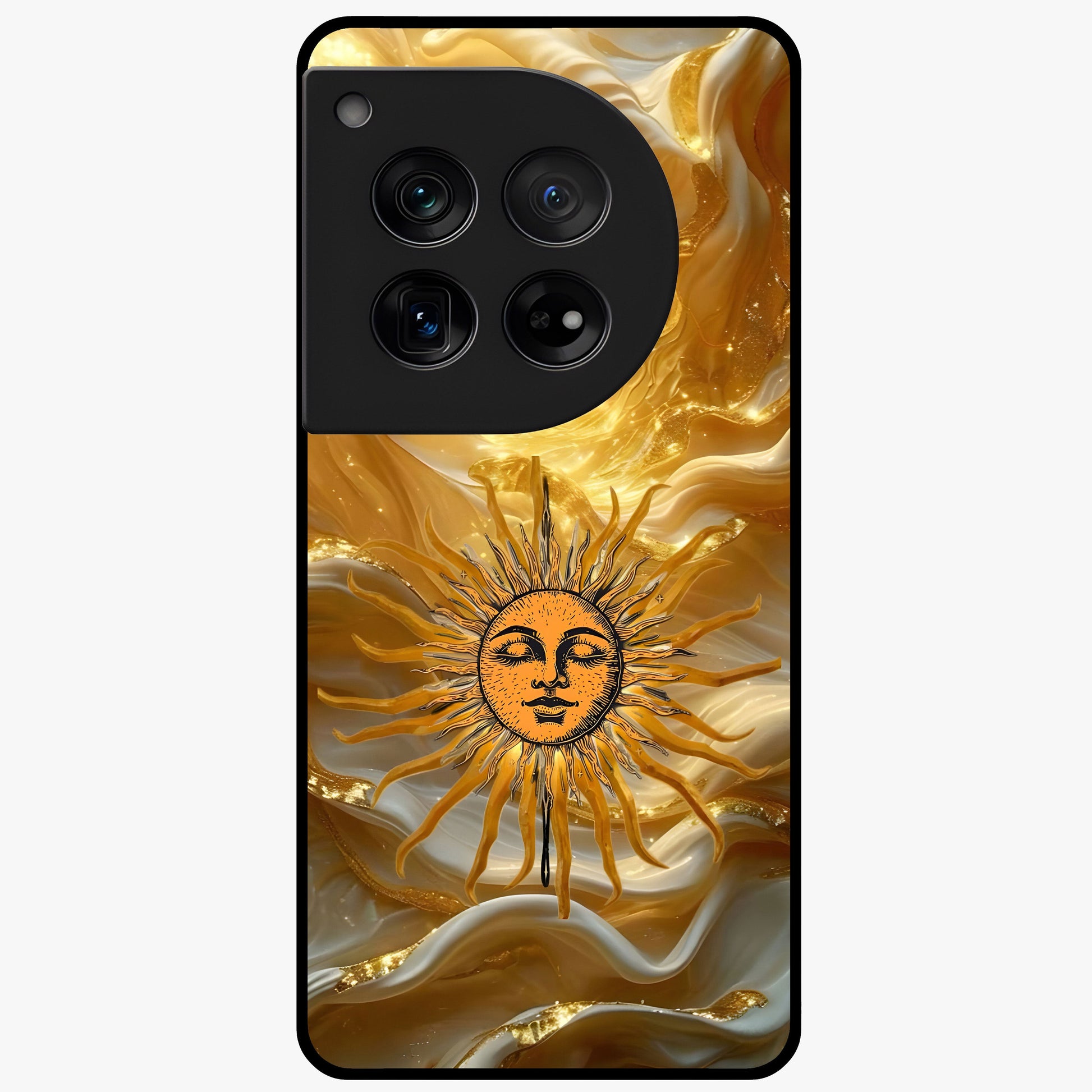 Eternal Golden Glow Glass Case for 1+12 radiant front view featuring warm golden artistic artwork