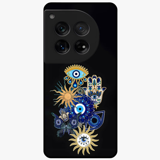Evil Eye Charm Vibes Glass Case for 1+12 stylish front view featuring aesthetic evil eye inspired artwork