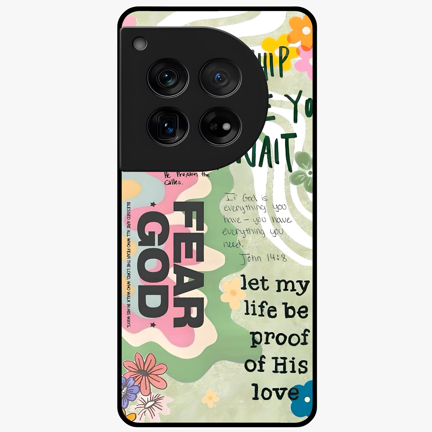 Faith Over Fear Glass Case for 1+12 inspirational front view featuring bold motivational typography artwork