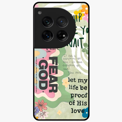 Faith Over Fear Glass Case for 1+12 inspirational front view featuring bold motivational typography artwork