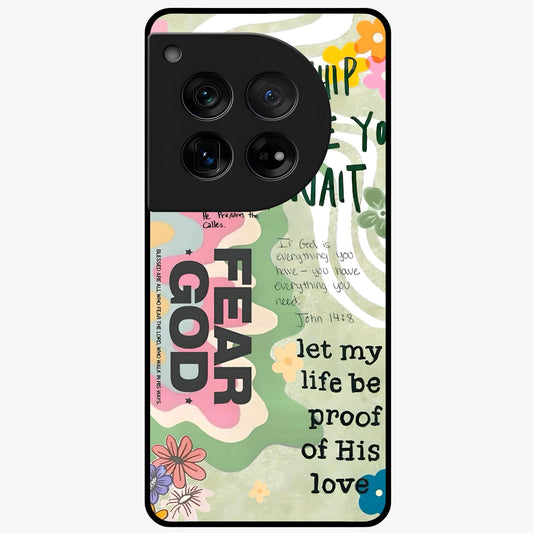 Faith Over Fear Glass Case for 1+12 inspirational front view featuring bold motivational typography artwork