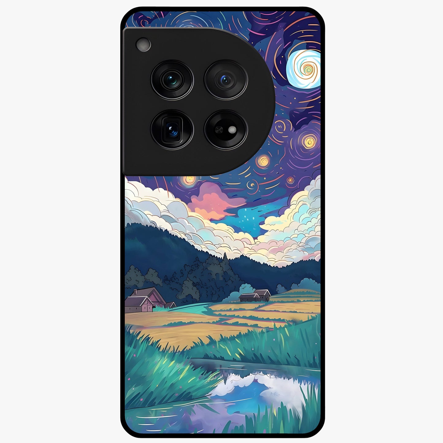 Fields Beneath the Cosmos Glass Case for 1+12 dreamy front view featuring meadow landscape under cosmic sky