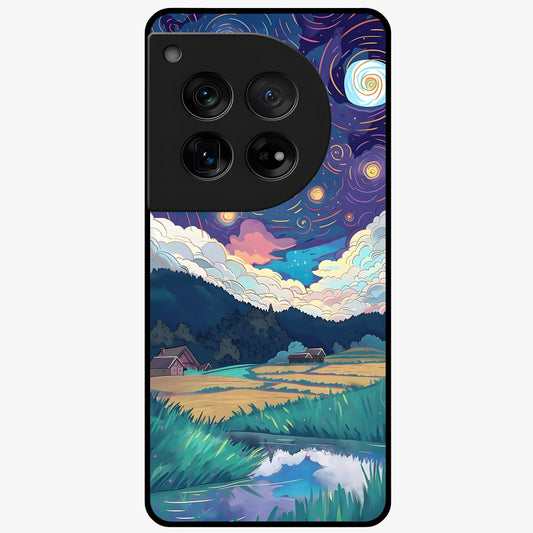 Fields Beneath the Cosmos Glass Case for 1+12 dreamy front view featuring meadow landscape under cosmic sky