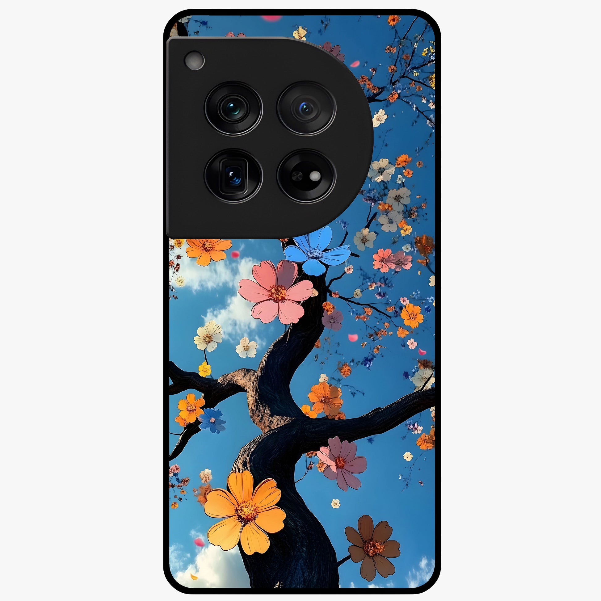 Floral Tree Glass Case for 1+12 elegant front view featuring blooming tree artwork