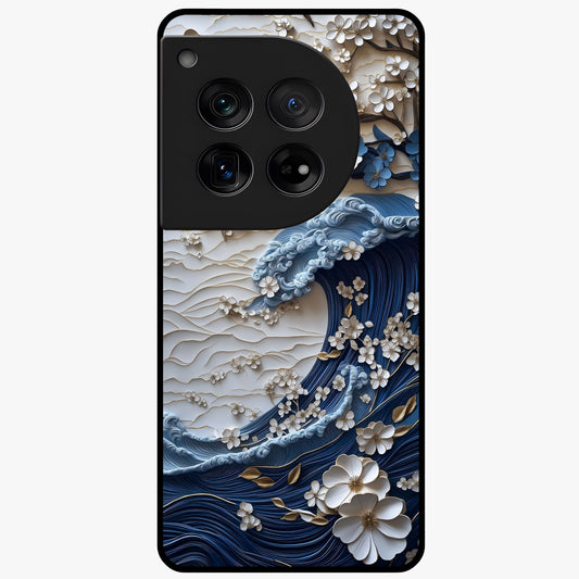 Floral Wave Origami Glass Case for 1+12 artistic front view featuring folded origami inspired floral wave artwork