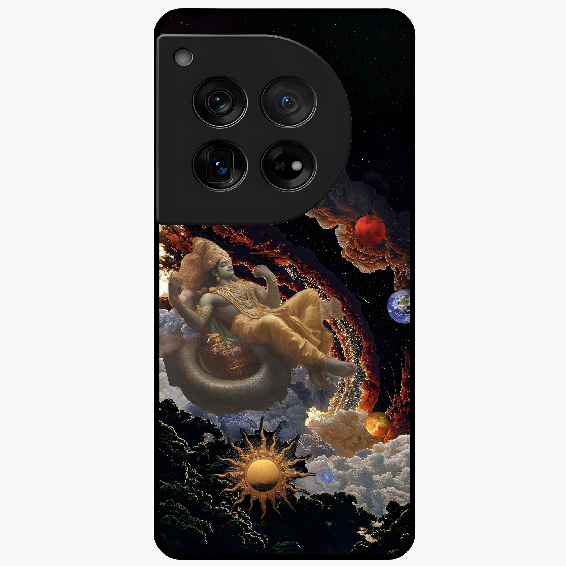 Galactic Divine God Glass Case for 1+12 powerful front view featuring divine artwork blended with cosmic background