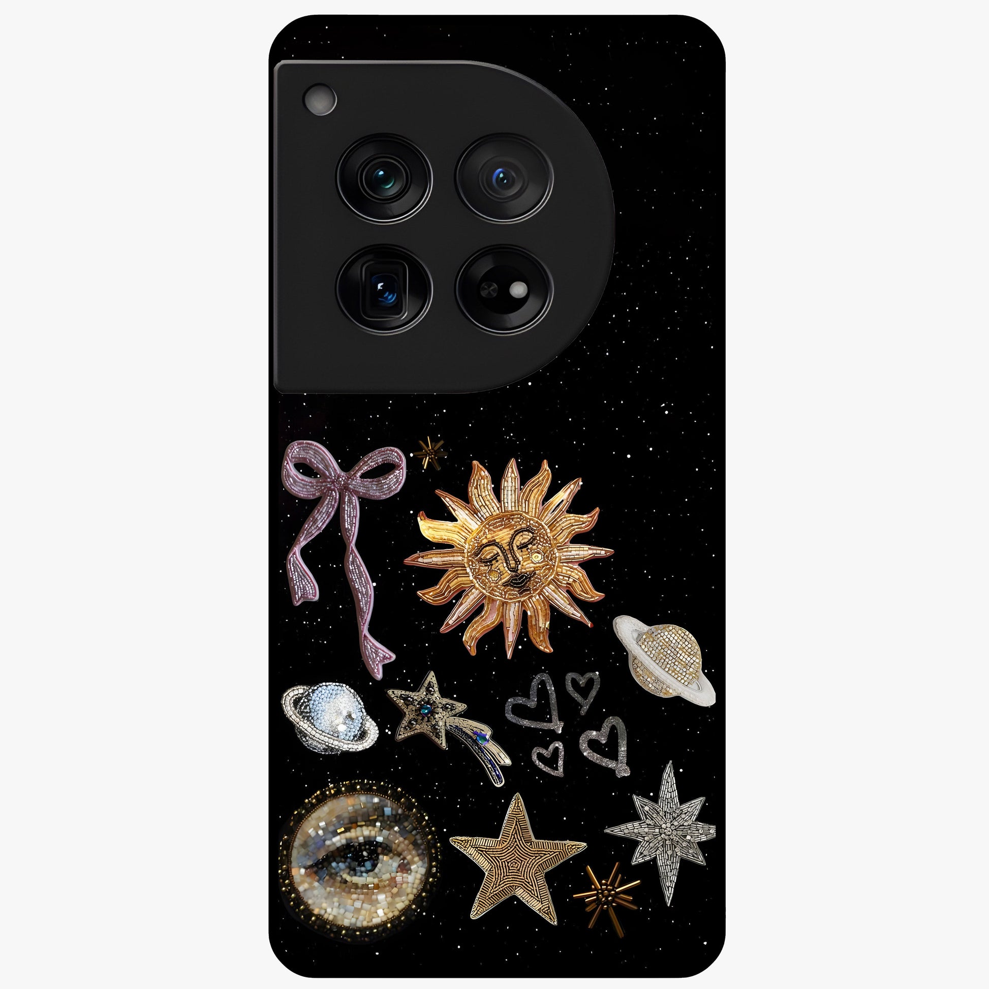 Galactic Sun Charm Glass Case for 1+12 radiant front view featuring celestial sun artwork with cosmic accents