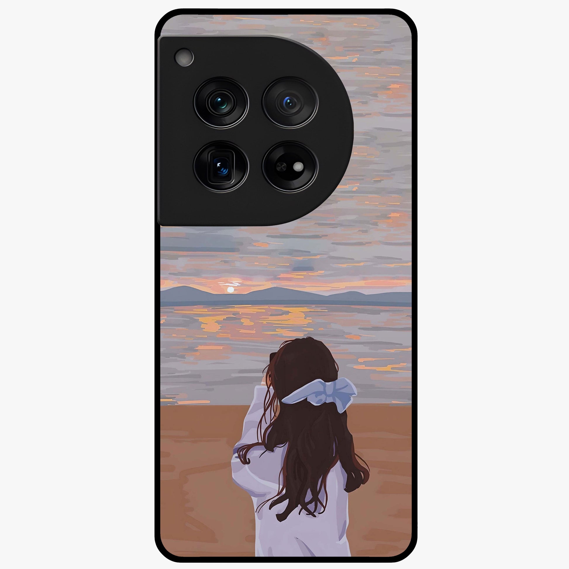 Girl Facing Sunset Beach Glass Case for 1+12 scenic front view featuring silhouette artwork against glowing sunset sky