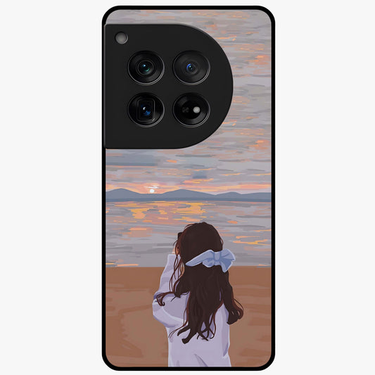 Girl Facing Sunset Beach Glass Case for 1+12 scenic front view featuring silhouette artwork against glowing sunset sky