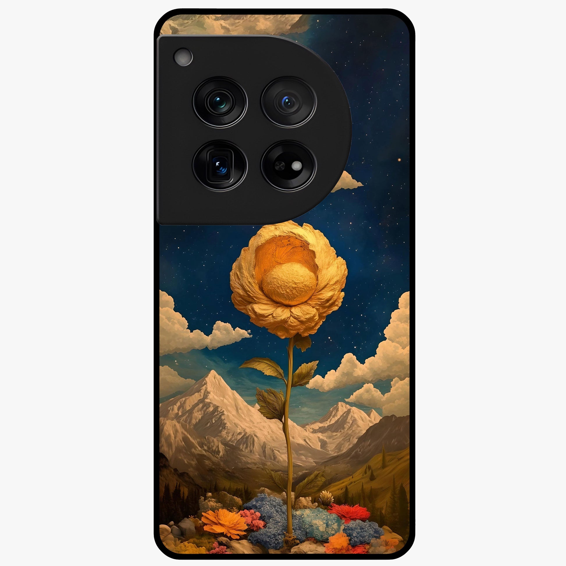 Golden Blossom Elegance Glass Case for 1+12 graceful front view featuring refined golden floral artwork