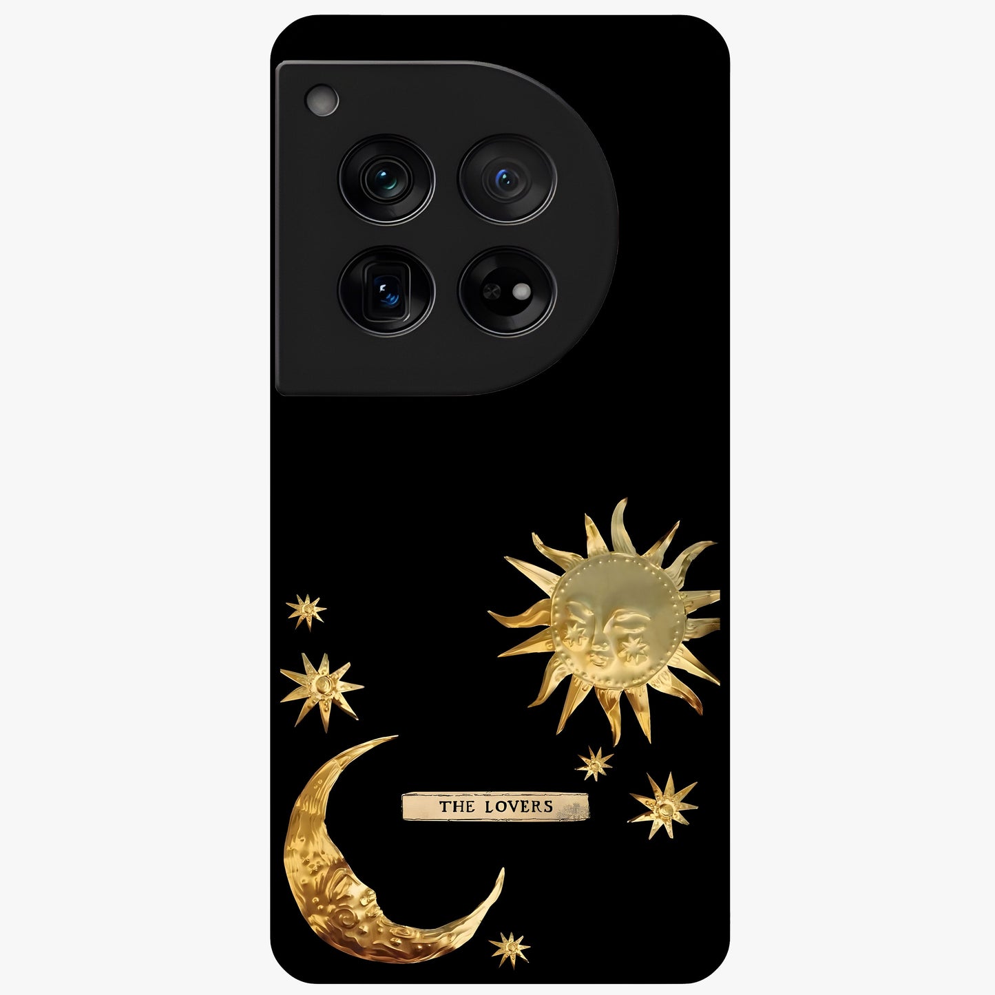 Golden Crescent Mood Glass Case for 1+12 artistic front view featuring crescent moon artwork in warm golden tones