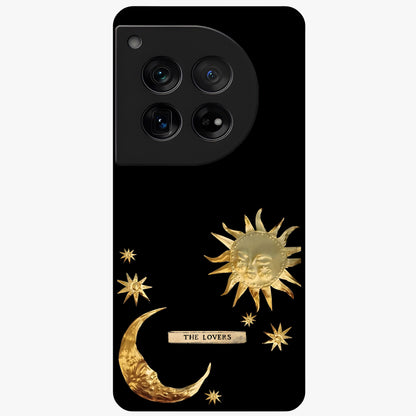 Golden Crescent Mood Glass Case for 1+12 artistic front view featuring crescent moon artwork in warm golden tones