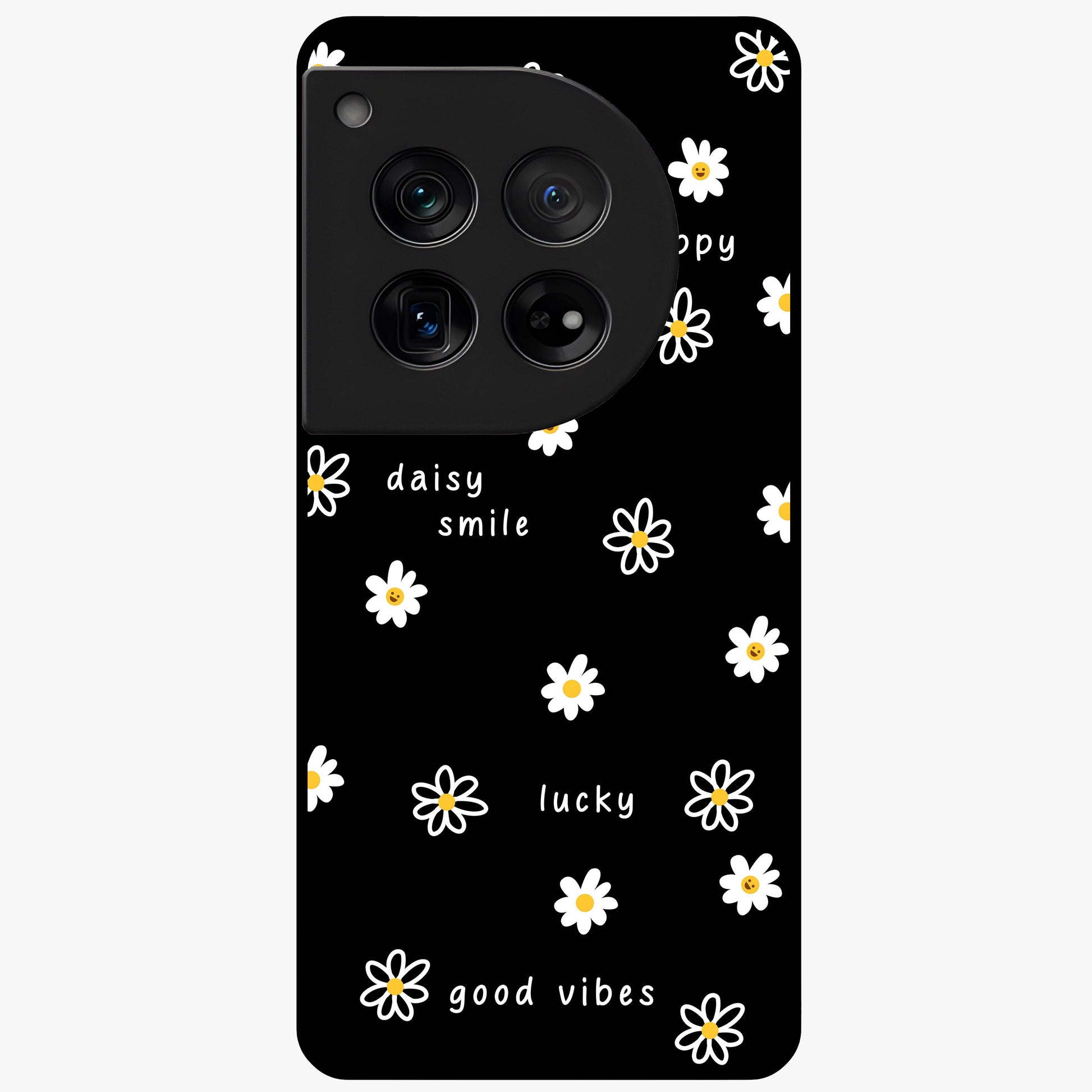 Good Vibes Daisy Black Pattern Glass Case for 1+12 stylish front view featuring white daisy artwork on black background