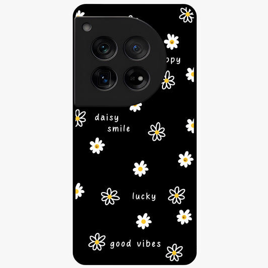 Good Vibes Daisy Black Pattern Glass Case for 1+12 stylish front view featuring white daisy artwork on black background