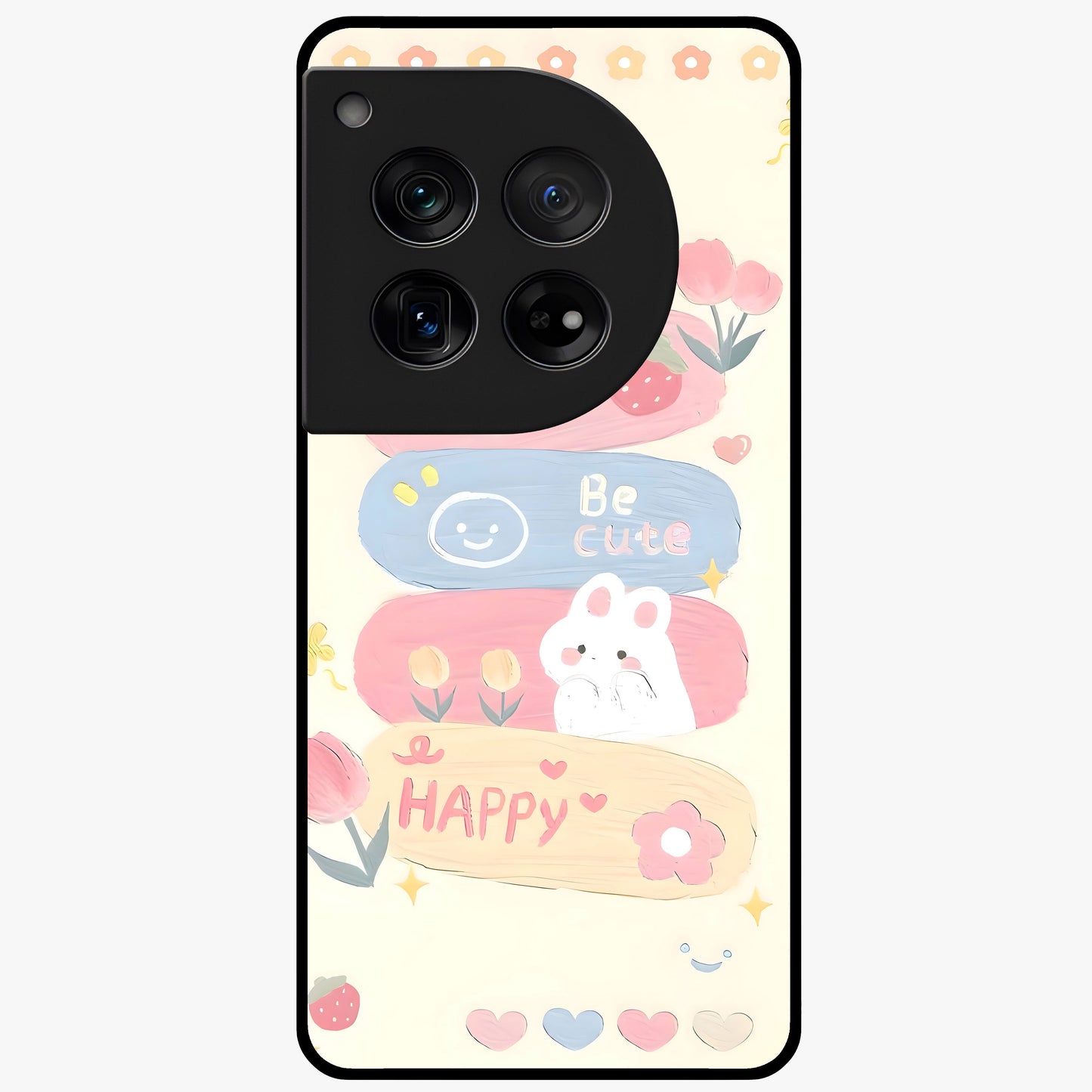 Happy Cute Bunny Glass Case for 1+12 adorable front view featuring playful bunny artwork