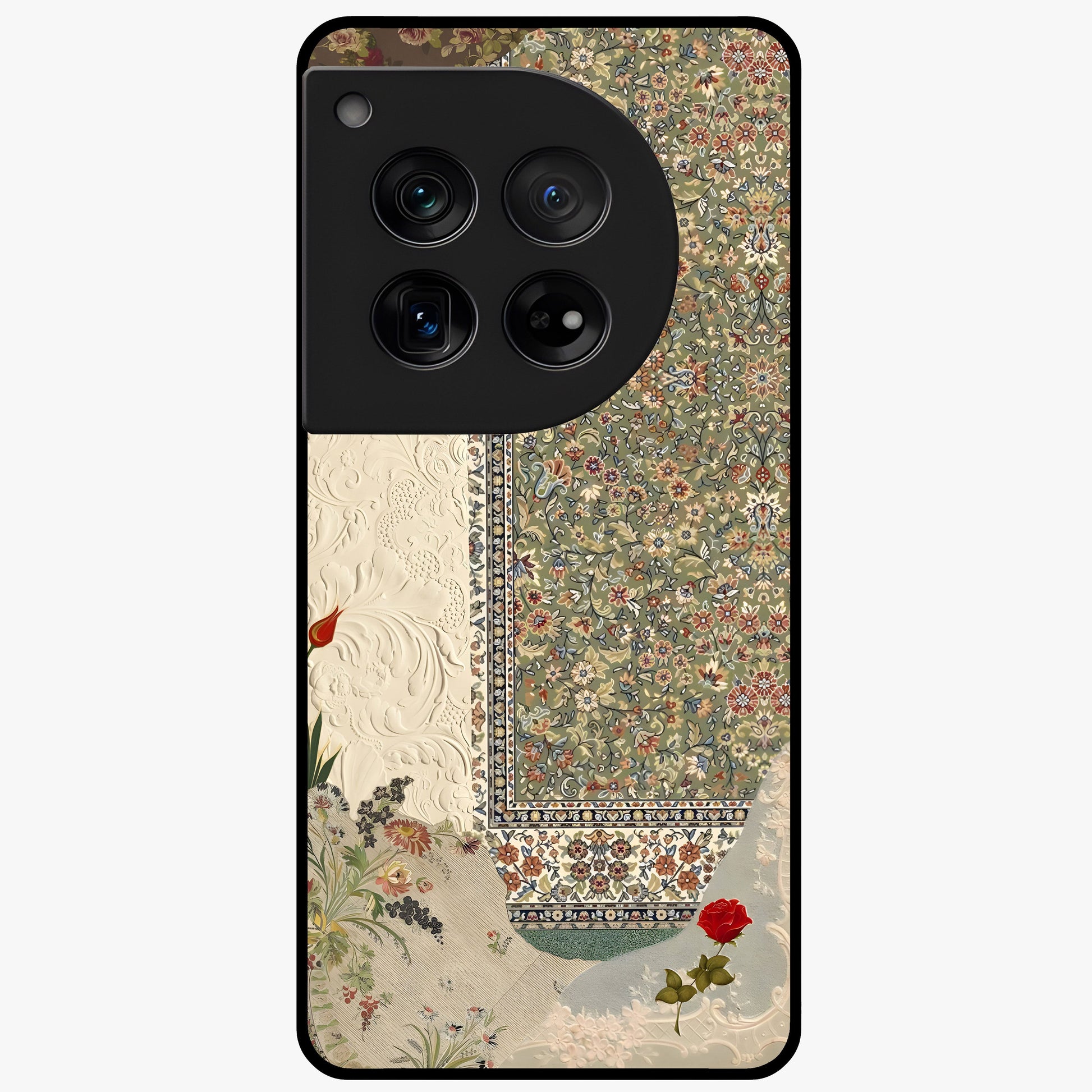 Heritage Textile Layers Glass Case for 1+12 showing full back design in clean flat view with layered textile-inspired artwork and glossy glass finish.