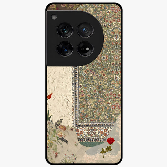 Heritage Textile Layers Glass Case for 1+12 showing full back design in clean flat view with layered textile-inspired artwork and glossy glass finish.