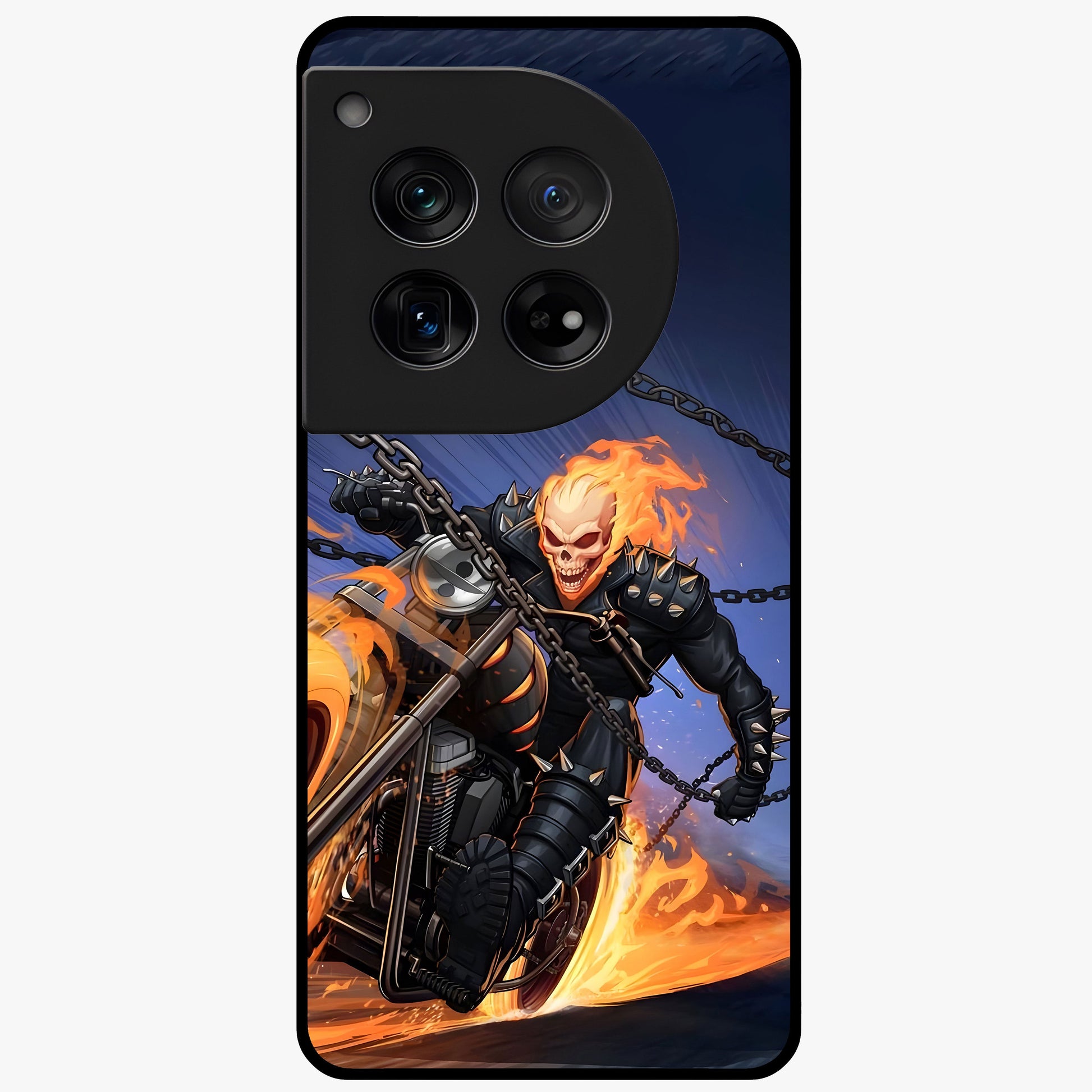 Inferno Chain Rider Glass Case for 1+12 showing full back design in clean flat view with fiery chain rider artwork and glossy glass finish.